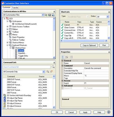 AutoCAD Customize User Interface dialogue box