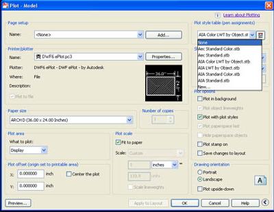 AutoCAD plot dialogue window showing Named plot styles